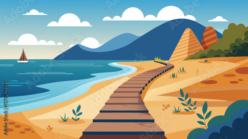 Wooden walkway leading to the beach with sailboat on the horizon minimalist landscape of a serene seaside destination