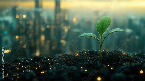 Tiny sprout in dark soil, city skyline background