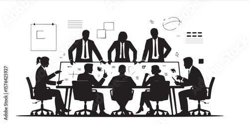 Silhouette illustration of business people in a meeting around a conference table discussing ideas