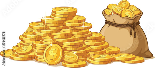 Gold Heap Coins Background and Money Bag Vector Illustration