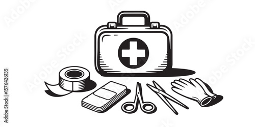 A first aid kit with tape bandages scissors forceps and gloves in black and white illustration style