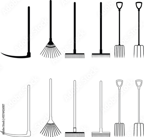 Gardening tools icon set hand rake spade, hoe, shovel, and Trowel vector collection isolated on transparent background for creative projects. Gardening tools landscape construction farm work equipment