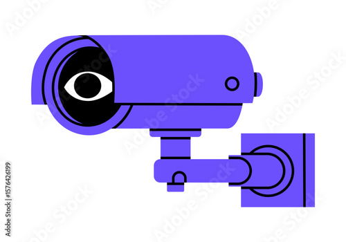 Hand drawn cute cartoon illustration of security camera with eye. Flat vector outdoor optical cctv sticker doodle. Video surveillance system icon. Spy or track cam. Maintaining law and order. Isolated