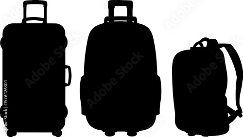 "Minimalist digital artwork showing various luggage design profiles: one rolling suitcase and two backpacks with distinct shapes. Dark blue silhouettes against a white interface mockup, with clear lin