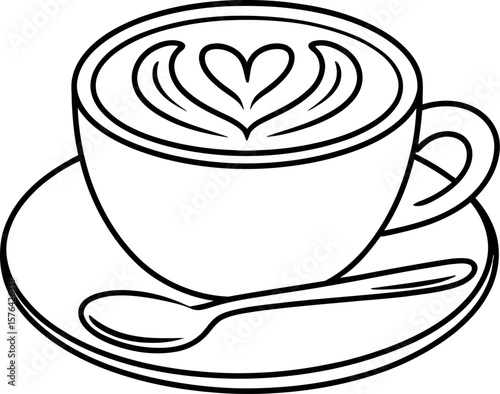 A line drawing of a coffee cup with a heart design in the foam, sitting on a saucer with a spoon