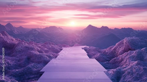 Surreal purple sunset landscape with a wooden path leading to distant mountains.