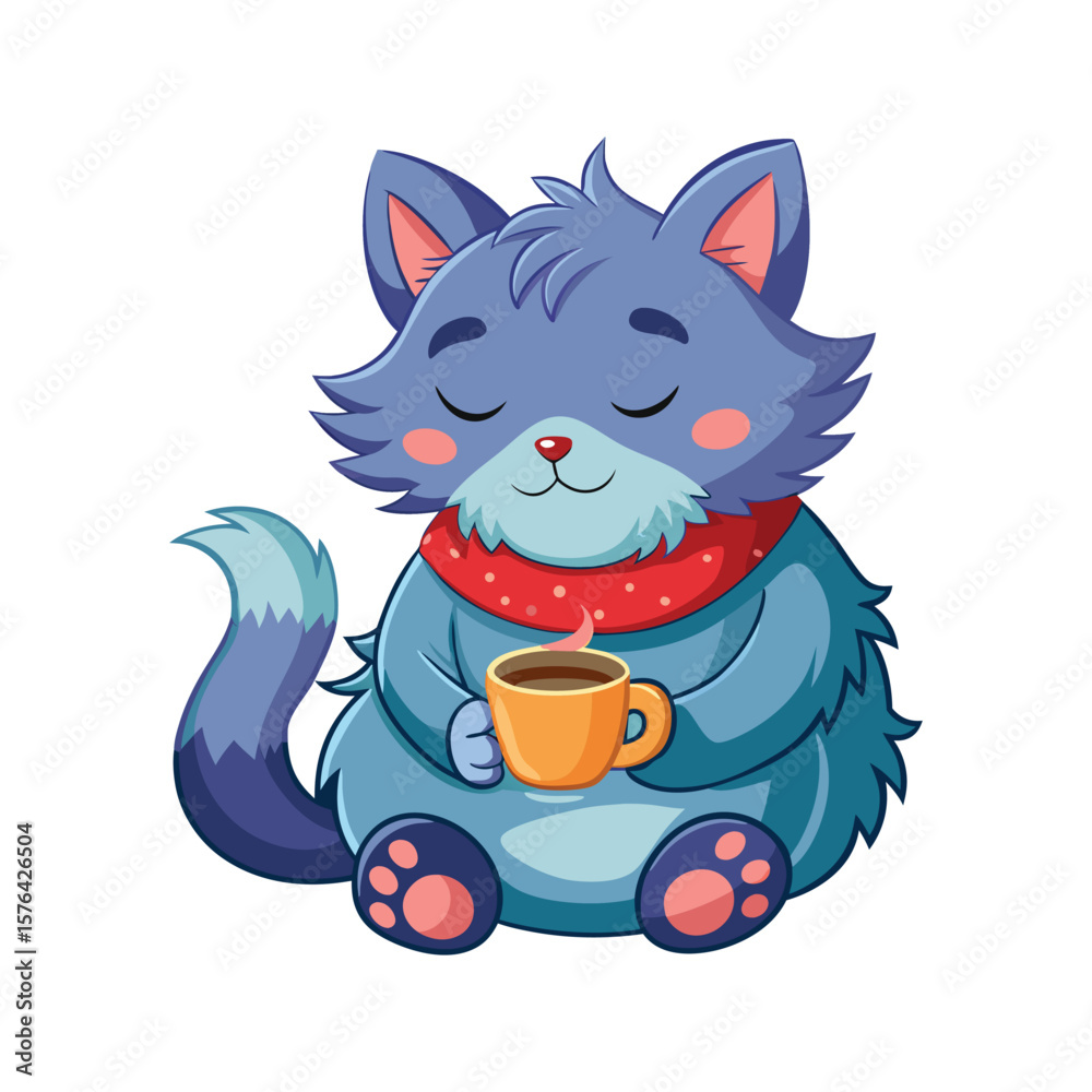 Obraz premium Sleepy Cat Relaxing with Hot Drink and Fluffy Slippers. Cozy Feline Vector Illustration on White Background for Cute, Comfy, and Lazy Day Designs.