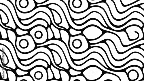 Seamless pattern of concentric circles and oval shapes in black and white repeating design element