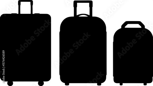 "Stylized vector drawing of three luggage types featured on a computer interface. Each item is a simplified silhouette in dark blue: one suitcase with wheels and two backpacks with different forms. UI