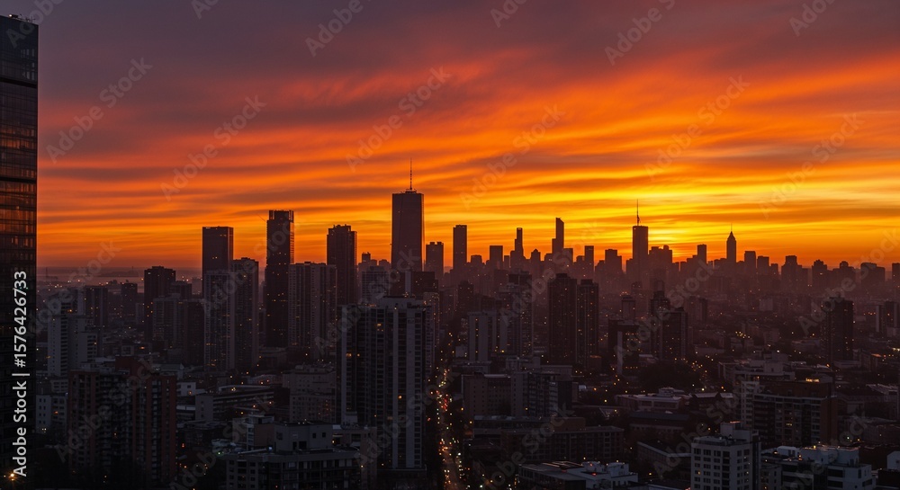 Obraz premium City skyline during sunset with vibrant orange and purple colors