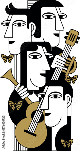 Illustration of four stylized faces with musical instruments and bow ties in black and gold