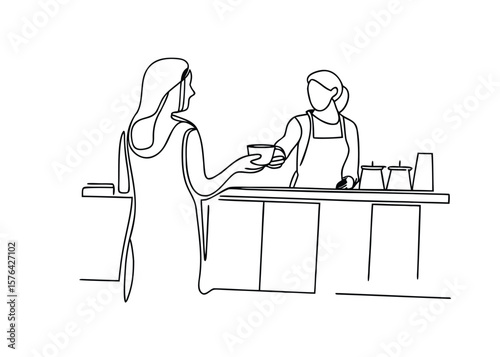 Continuous one line drawing of  ustomer receives a coffee cup from a barista at a cafe counter 
