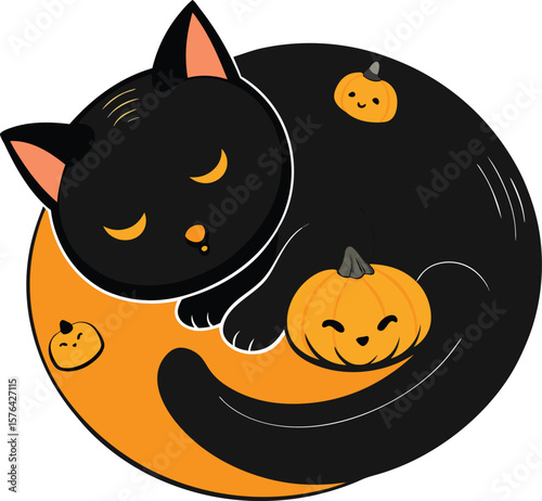 Halloween Black Cats With Pumpkin Vector Illustration, Halloween Vector Illustration, Pumpkin Vector Illustration, Halloween Scene with Pumpkin, Black Cats, and Bats, Halloween clipart with black cats