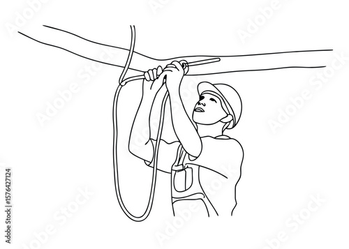 Continuous one line drawing of line man installing electrical wiring in ceiling conduit