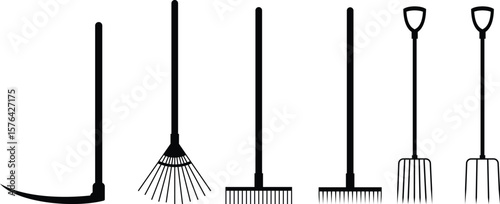 Gardening tools icon set hand rake spade, hoe, shovel, and Trowel vector collection isolated on transparent background for creative projects. Gardening tools landscape construction farm work equipment