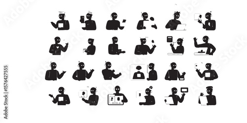 Collection of black and white robot avatars interacting with technology and communication devices