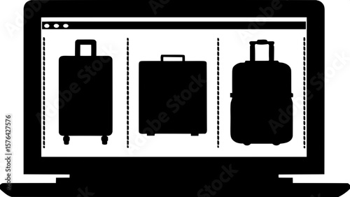 "Digital flat design of luggage items presented on a graphic design software screen. Shows three dark-blue profile views—a wheeled suitcase, a rounded-top backpack, and a structured rectangular backpa