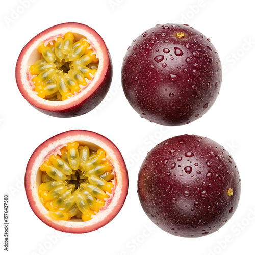 Passion fruit halves and whole fruits isolated on a transparent background