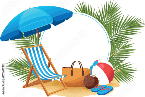 A beach scene with a blue umbrella, a beach chair, a beach bag, and a beach ball illustration