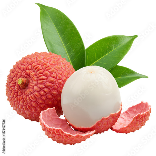 Fresh Lychee Fruit With Leaves isolated on a transparent background