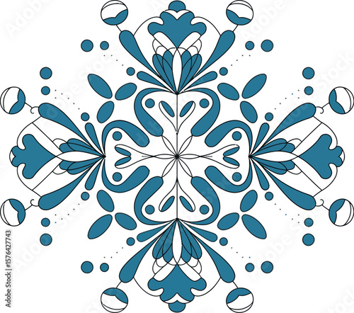 A symmetrical teal and white design featuring teardrop shapes and circular elements on white background