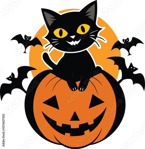 Halloween Black Cats With Pumpkin Vector Illustration, Halloween Vector Illustration, Pumpkin Vector Illustration, Halloween Scene with Pumpkin, Black Cats, and Bats, Halloween clipart with black cats