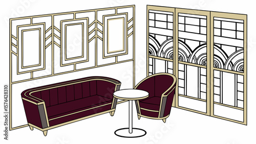 Art deco living room interior design with burgundy sofa chair and table furniture illustration vector image