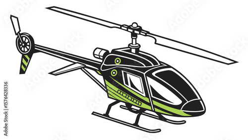 Explore the detailed illustration of a green and black helicopter with rotating blades for air travel use