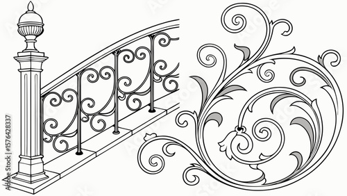 Elegant wrought iron railing design with decorative scrolls and floral ornamentation vector drawing