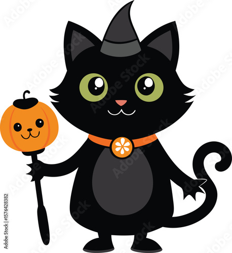 Halloween Black Cats With Pumpkin Vector Illustration, Halloween Vector Illustration, Pumpkin Vector Illustration, Halloween Scene with Pumpkin, Black Cats, and Bats, Halloween clipart with black cats
