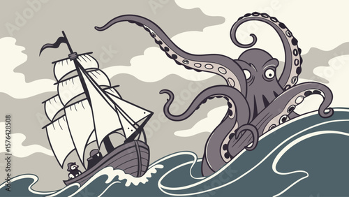 Kraken attacking sailing ship illustration drawing vintage sea monster nautical adventure ocean travel danger 100