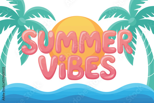 A cartoon illustration of summer vibes text with palm trees sun and ocean waves on a white background