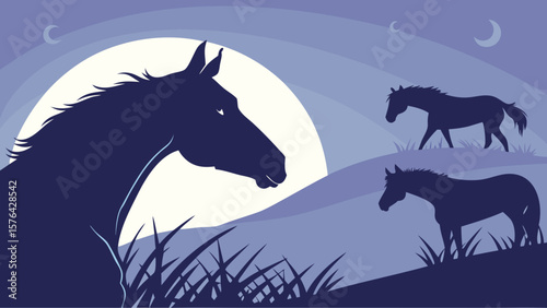 Horse silhouette art vector illustration featuring night scene with moon and horses on hill landscape artwork