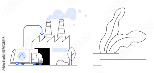 Recycling truck entering factory with visible smoke stacks, arrow indicating process flow leafy plants representing ecology and sustainability. Ideal for waste management, recycling, sustainability