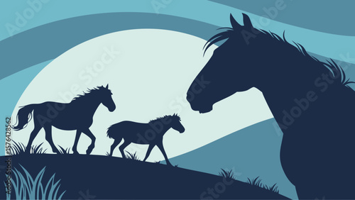Horse silhouette vector art featuring wild horses running in nature landscape background design graphic image