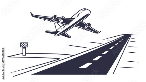 Airplane taking off vector illustration airport runway travel transportation flight aviation airline journey trip 100