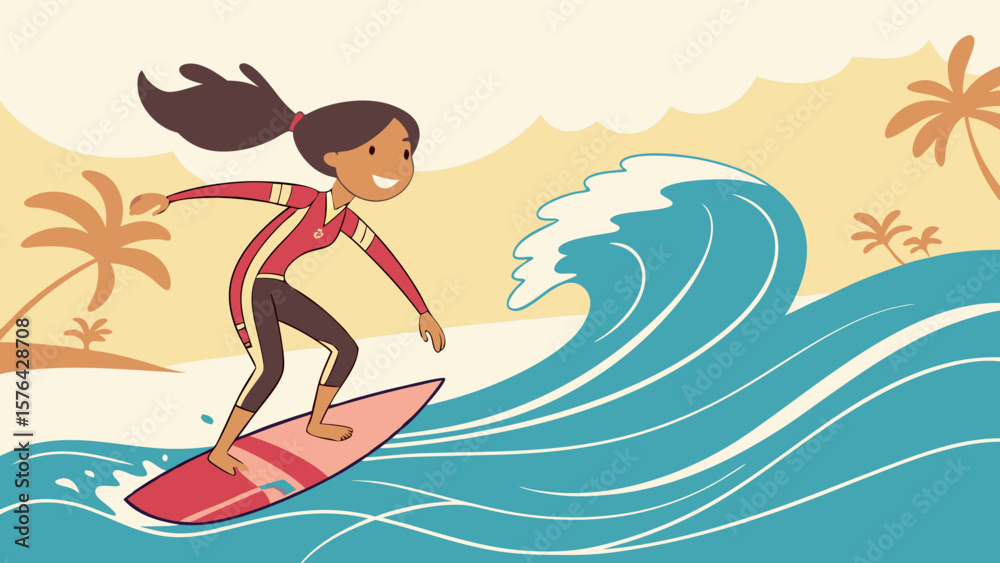 Surfing girl cartoon vector illustration for summer vacation and water sport activities on the beach scene Surfing girl cartoon vector illustration for summer vacation and water sport activities on the beach scene