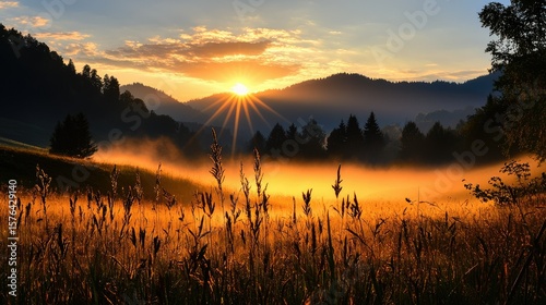 Golden sunrise over a misty mountain valley.