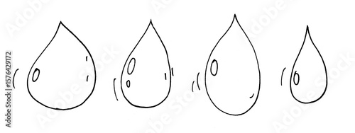 Playful doodle-style illustration of teardrop-shaped water drops in various sizes. Ideal for kids’ worksheets, environmental campaigns, weather icons, and hand-drawn design sets