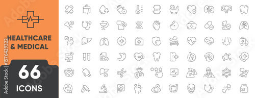 Healthcare and Medical Line Icon Set. Set of 65 outline icons including doctor, hospital, first aid, stethoscope, medicine, heart, and diagnosis. Editable stroke. Linear vector illustration.