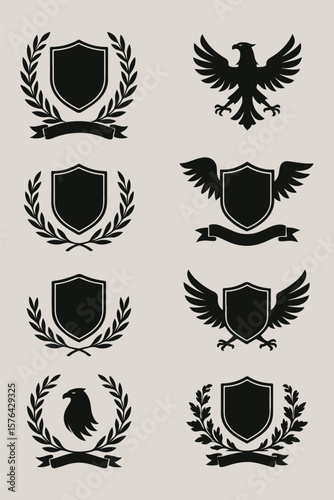 Golden vintage heraldic shield set with crown, wreath, and ribbon decorations, perfect for emblems, labels, and coat of arms illustrations