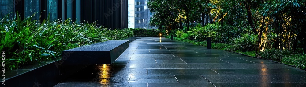 Fototapeta premium Urban oasis pathway with lush greenery and subtle lighting.