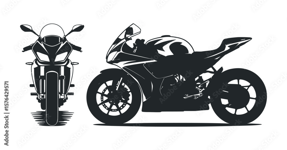 Obraz premium Stylized Vector Illustration of Two Motorcycles in Black and White One a Sportbike and the Other a Scooter Isolated on White