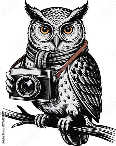 Wise owl wearing glasses and scarf holding vintage camera bird