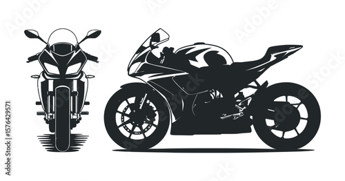 Stylized Vector Illustration of Two Motorcycles in Black and White One a Sportbike and the Other a Scooter Isolated on White