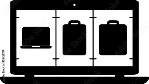 "Digital blueprint-style layout of three luggage pieces shown in silhouette. The artwork features simple, flat representations of each item on a computer screen, including toolbar graphics and a muted