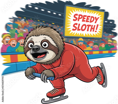 Cartoon sloth ice skating in red suit with cheering crowd vector