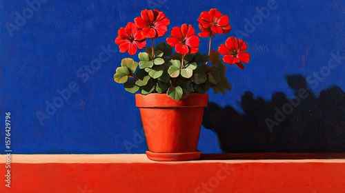 Red geraniums in terracotta pot against a bold blue backdrop.