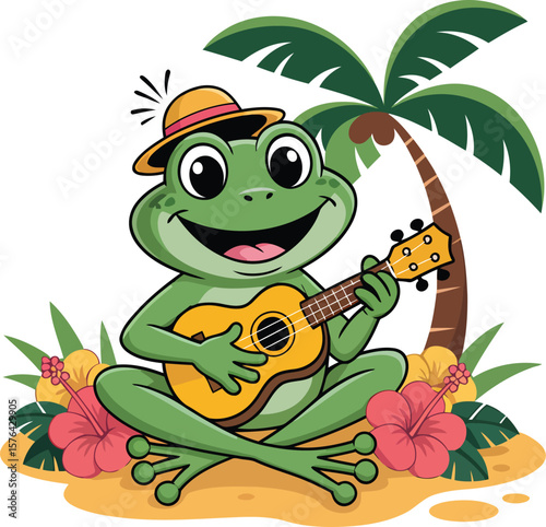 Cheerful frog plays ukulele under palm tree with tropical flowers music playing