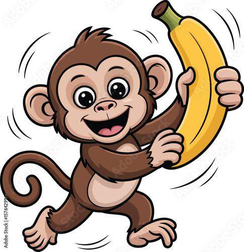 Cheerful monkey running with a bright yellow banana brown cute